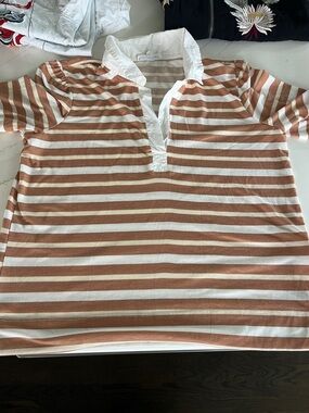 Jane and Delancey Tan and White Striped Polo